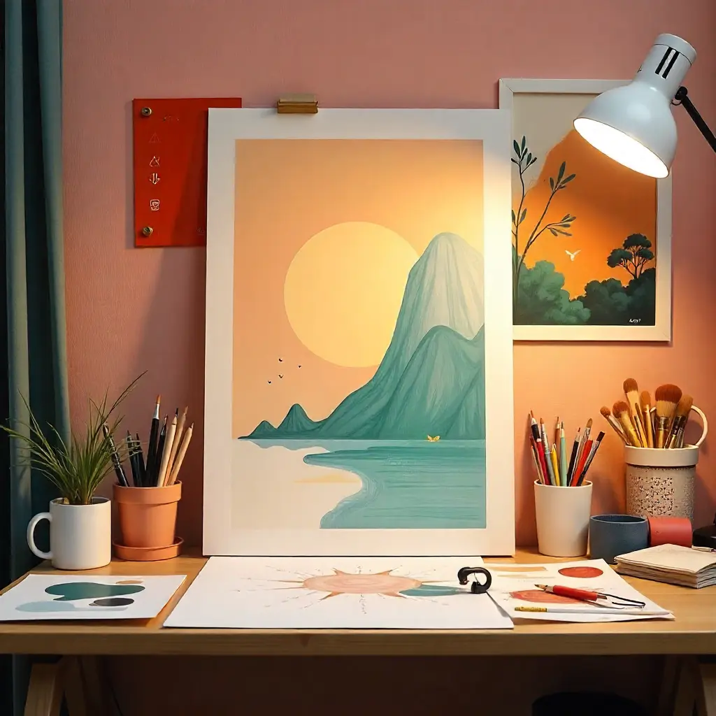 Well-organized art studio workspace with various painting and drawing supplies